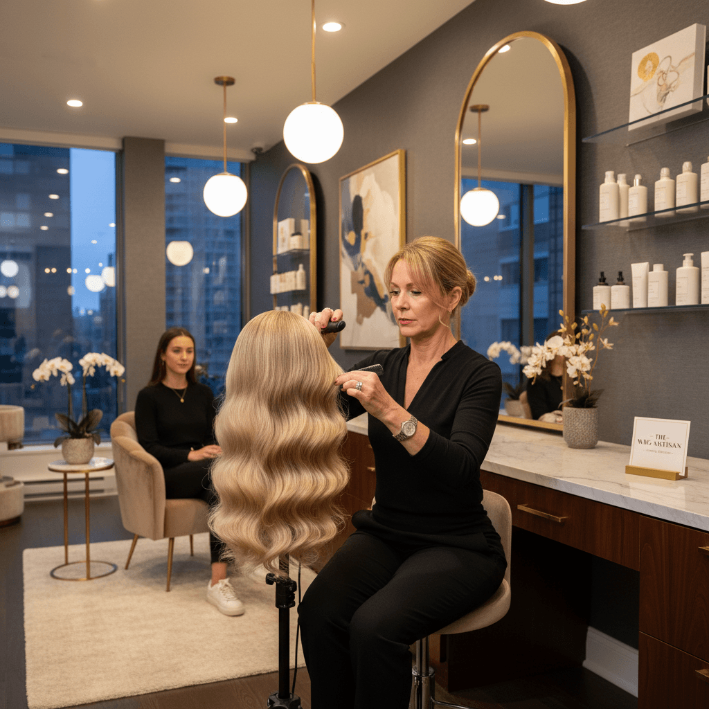 Stylist in elegant salon working meticulously on a luxury wig.
