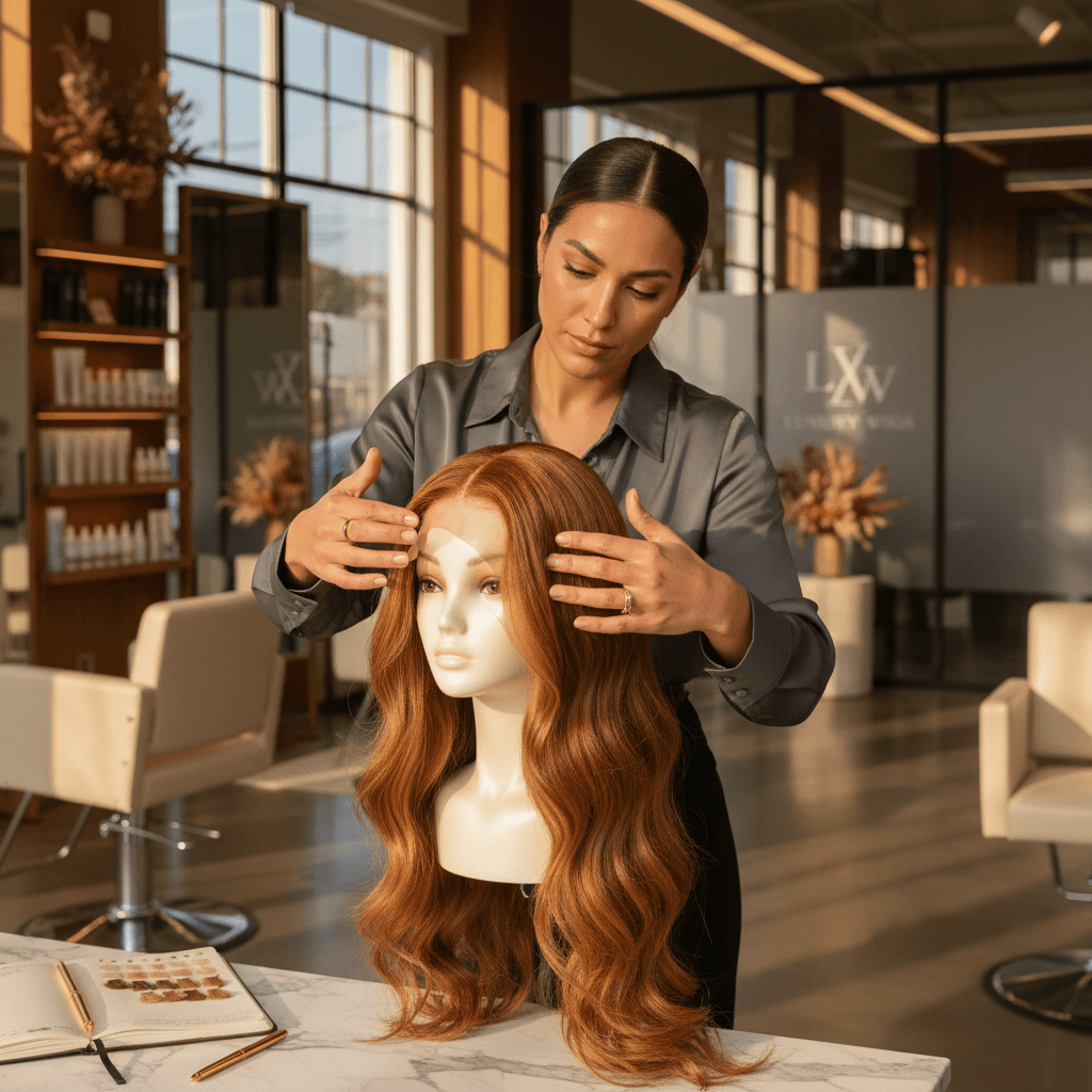 Professional stylist in upscale salon meticulously styling a luxury wig