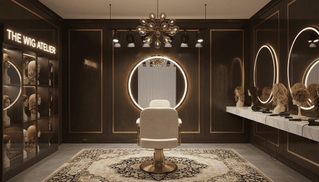Bright, modern wig styling salon with professional setup and comfortable consultation space