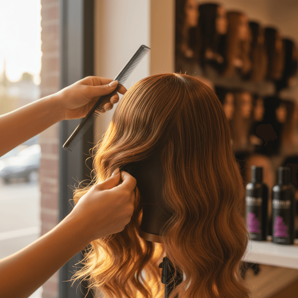 Stylist's hands carefully styling and adjusting a long wig on a professional wig head in natural light